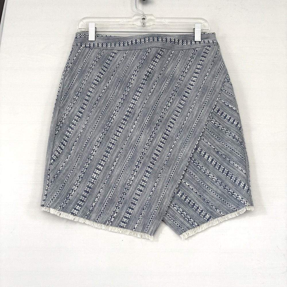 Ann Taylor LOFT Blue White Textured Faux‎ Wrap Fringe Mini Skirt Petites 8P NEW